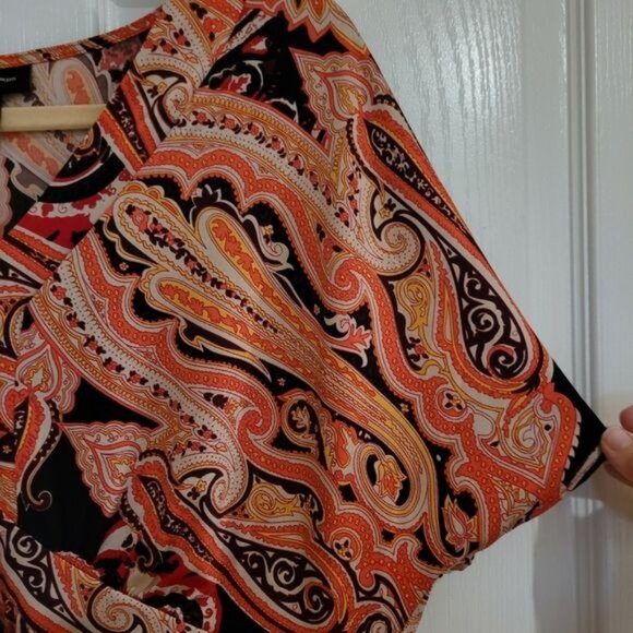 INC Top Blouse Paisley Print 1X Fall Winter Brown Orange 1XL Women's Work Career - Picture 3 of 7